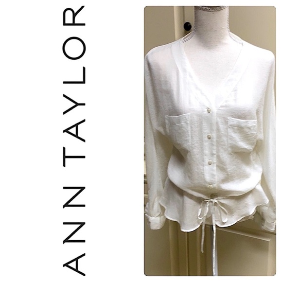 Ann Taylor Loft Cinched Tie Waist V-Neck Top Lightweight Sheer Button Up Size XS - Picture 8 of 8